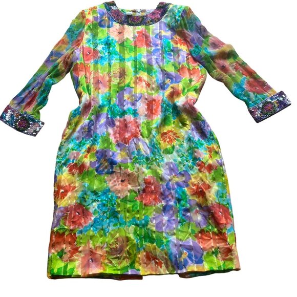 Vintage 1980s Bill Blass Neiman Marcus Size 16 Floral Silk Metallic Beaded Dress - Picture 1 of 16